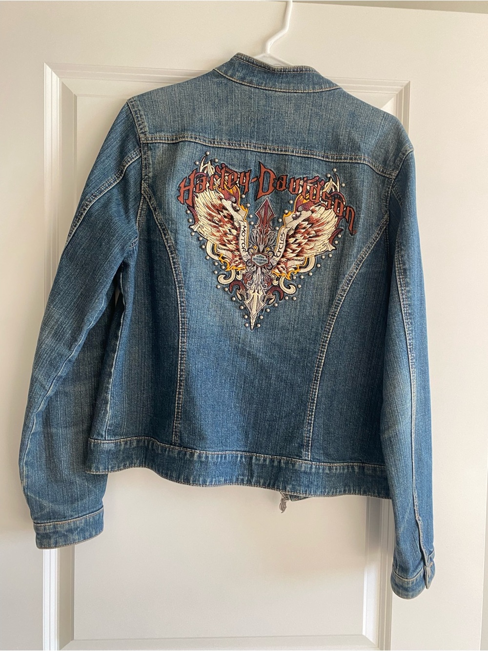 Harley-Davidson Blue Denim Jacket with Embroidered Red, Cream & Gold Wing Patch